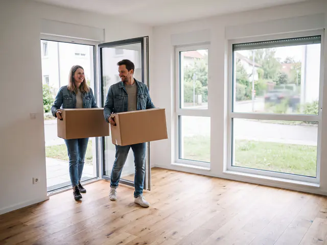 Junges Paar trägt Umzugskartons in eine leere, helle Wohnung